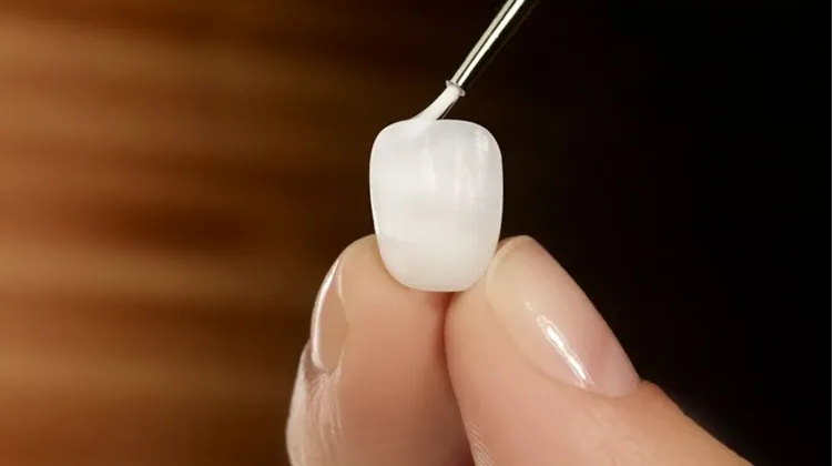 Técnico ceramista aplicando porcelana feldespática con pincel sobre una carilla dental en laboratorio